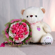 11 Roze Rozen met Schattige Lieve Teddybeer