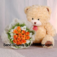 11 Roses Orange avec un mignon ours en peluche