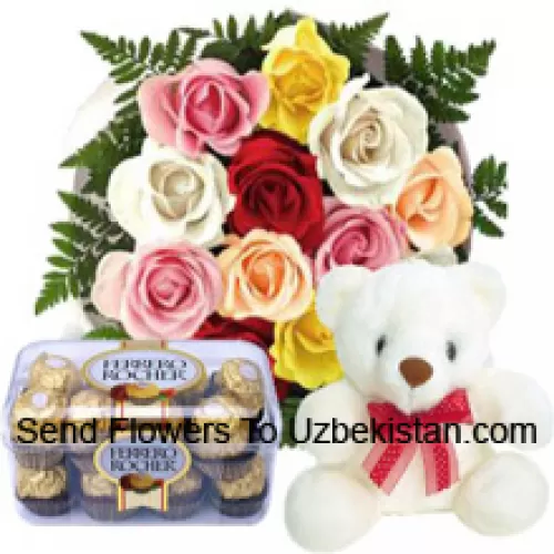 Conjunto de 11 rosas vermelhas com complementos sazonais, um fofo urso branco de 12 polegadas de altura e uma caixa com 16 unidades de Ferrero Rocher.