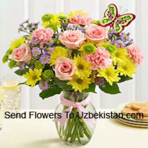 Pink Roses, Pink Carnations And Yellow Gerberas With Seasonal Fillers In A Glass Vase -- 25 Stems And Fillers