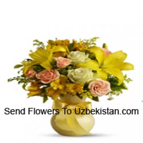 Orange Roses, White Roses, Yellow Gerberas And Yellow Lilies With Some Ferns In A Glass Vase