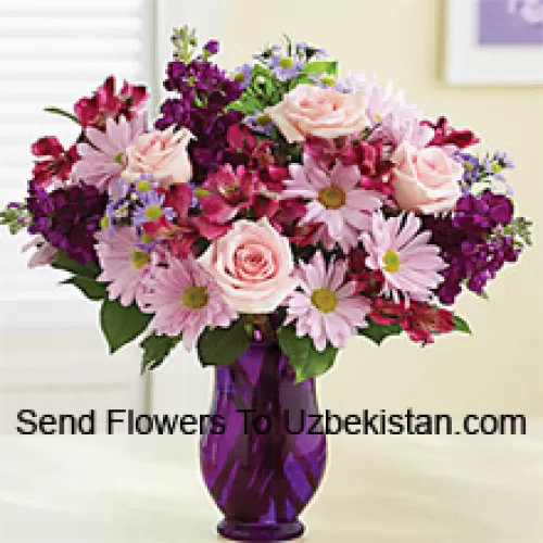 Pink Roses, Pink Gerberas And Other Assorted Flowers Arranged Beautifully In A Glass Vase -- 25 Stems And Fillers