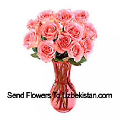 11 Pink Roses In A Glass Vase