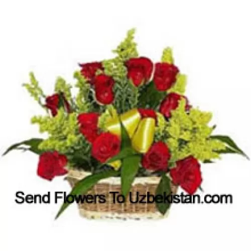 Basket Of 19 Red Roses With Seasonal Fillers