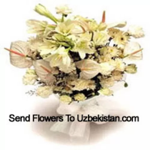 Bunch Of White Lilies, White Anthuriums, White Carnations And White Roses With Seasonal Fillers