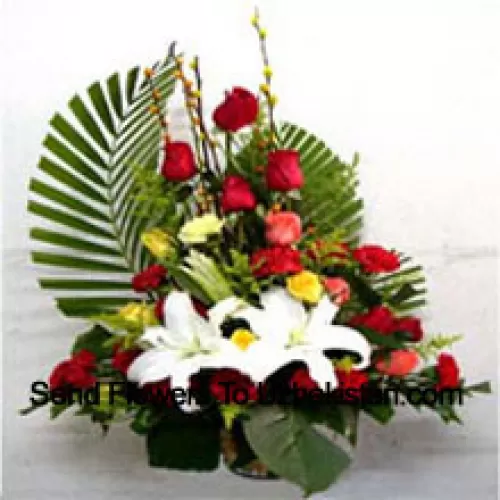 Basket Of Assorted Flowers Including Lilies, Roses And Carnations