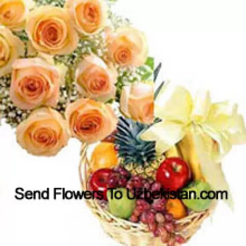 Bouquet de 11 roses orange avec panier de fruits frais de 3 kg