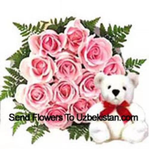 Bunch Of 11 Pink Roses With A Cute Teddy Bear