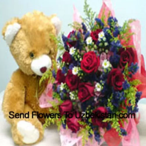 Bunch Of 11 Red Roses With Fillers And A Medium Sized Cute Teddy Bear