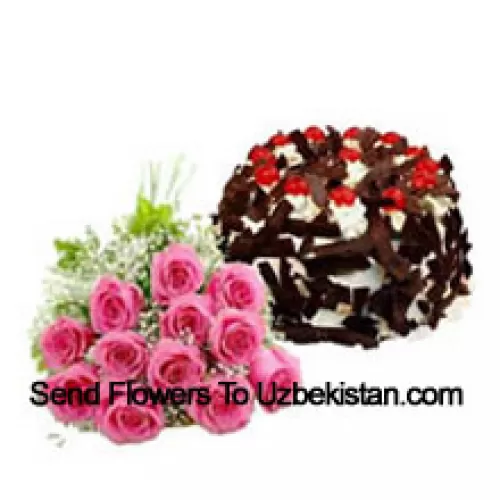 Boeket van 11 Roze Rozen samen met 1 kg Chocolade Crisp Cake