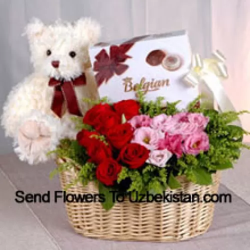 Basket Of Red And Pink Roses, A Box Of Chooclate And A Cute Teddy Bear