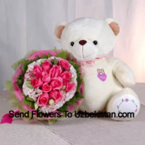 Bouquet de 11 roses roses et un ours en peluche de taille moyenne mignon