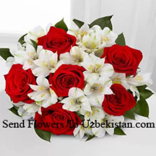 Bunch Of 7 Red Roses And Seasonal White Flowers