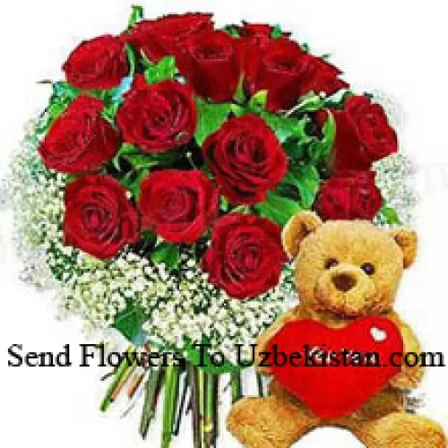 Bunch Of 11 Red Roses With Seasonal Fillers And A Cute Brown 8 Inches Teddy Bear