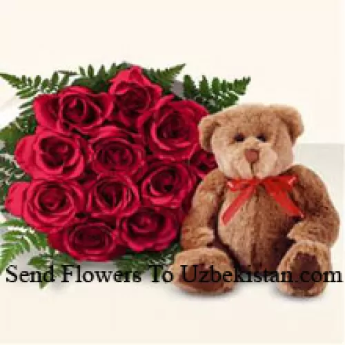 Bunch Of 11 Red Roses With A Cute Brown 8 Inches Teddy Bear