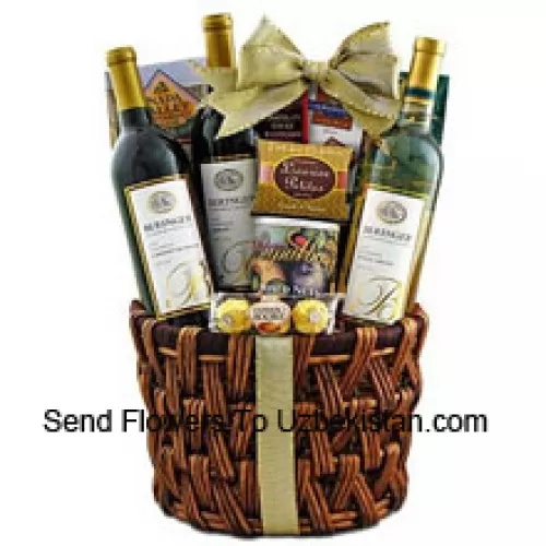 Questo cesto regalo include vino rosso Beringer California Collection Cabernet Sauvignon, vino rosso Beringer California Collection Merlot, vino bianco Beringer California Collection Pinot Grigio, cioccolato Ghirardelli, praline Ferrero Rocher, grissini al miele e senape della Napa Valley, toffee al burro e nocciole Cashew Roca, bastoncini di cioccolato al lampone Rademaker, liquirizia JM Morgans e noci miste in latta regalo. (Il contenuto del cesto, incluso il vino, può variare a seconda della stagione e del luogo di consegna. In caso di indisponibilità di un certo prodotto, lo sostituiremo con un prodotto di pari o maggior valore)