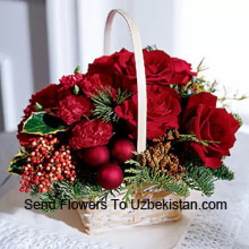 What better gift for a rose lover than this seasonal arrangement of roses and Christmas greens. A tasteful gift with a holiday flair. (Please Note That We Reserve The Right To Substitute Any Product With A Suitable Product Of Equal Value In Case Of Non-Availability Of A Certain Product)