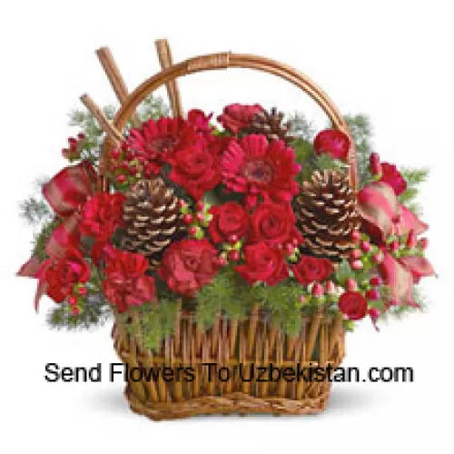 Pimentez n'importe quelle occasion d'hiver avec ce charmant bouquet de roses miniatures, œillets, gerberas ou des fleurs festives similaires, conçu dans un panier avec des verdure fraîche, des pommes de pin et des accents. Idéal pour un remerciement, des vœux de joyeuses fêtes, des souhaits de Noël, ou juste parce que (Veuillez noter que nous nous réservons le droit de substituer tout produit par un produit adéquat de valeur égale en cas de non-disponibilité d'un certain produit)