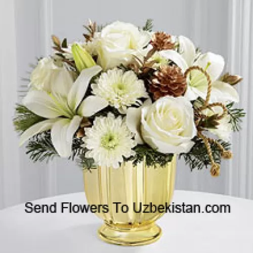 A highly sophisticated expression of the season's most dazzling moments. Snowy white roses, Asiatic lilies and chrysanthemums shed their light and beauty arranged amongst myrtle stems and assorted holiday greens. Accented by gold pinecones and gold cording and placed in a gold pedestal vase, this bouquet creates a wonderful wish for a truly wondrous holiday season. (Please Note That We Reserve The Right To Substitute Any Product With A Suitable Product Of Equal Value In Case Of Non-Availability Of A Certain Product)