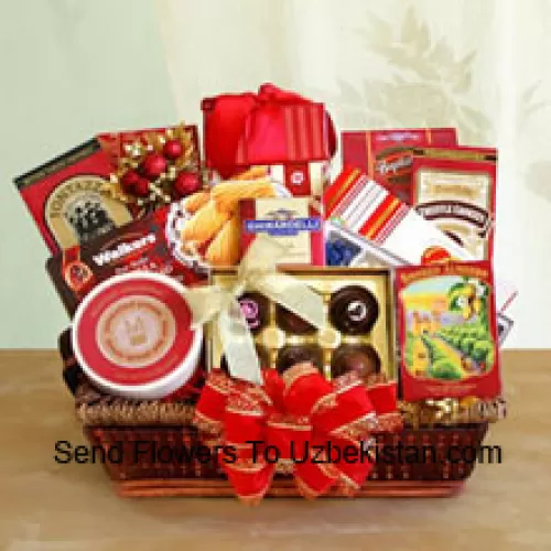 Send your wishes for happy holidays to everyone on your gift list this year with our gourmet gift basket designed just for the occasion. Our delightful tray basket holds Walker's holiday shortbread cookies, Ghirardelli chocolate assortment, Jelly Belly jelly beans, butter toffee pretzels, truffle cookies, cheese swirls, smoked almonds, cheese, English tea cookies, water crackers, and a Ghirardelli chocolate bar. The variety makes it perfect when you want to make sure there is something for everyone to enjoy. They'll love the elegant presentation with a big bow on the front, and can keep the wicker basket to use long after the food has been enjoyed (Please Note That We Reserve The Right To Substitute Any Product With A Suitable Product Of Equal Value In Case Of Non-Availability Of A Certain Product)