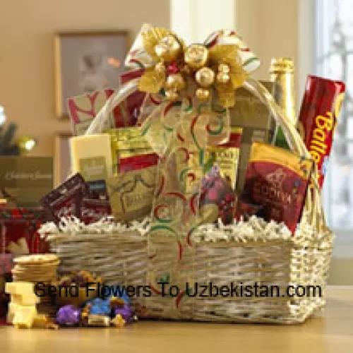 This gift basket shines for the holidays with a great selection of gourmet food for all. A shimmering basket holds Dutch Gouda Cheese Biscuits, Crantastic Snack Mix, Chocolate Cocoa, Scottish Shortbread Fingers, Roasted Peanuts, assorted Godiva Dark Chocolates, Smoky Cheddar, Fancy Water Crackers, Swedish Ballerina Cookies, Holiday Mints, Bellagio Caramella Coffee, Christmas Tea, and non-alcoholic Sparkling Apple Cider. It makes a nicely balanced selection of sweet and savory foods that are sure to please. (Please Note That We Reserve The Right To Substitute Any Product With A Suitable Product Of Equal Value In Case Of Non-Availability Of A Certain Product)