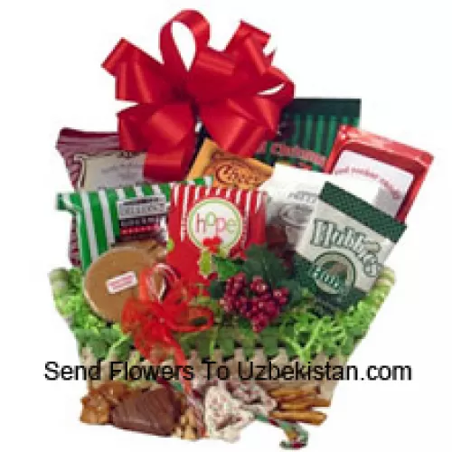 Celebrate holiday traditions with a gift that boasts good taste! The festive natural basket is packed full of delicious time-honored treats. We've included peanuts, fudge, pretzels, cheddar biscuits, cookies, snack mix, peanut brittle, sprinkled pretzels, Christmas popcorn and chocolate filled peppermints. We've also included a keepsake tree ornament to top off this heartfelt holiday gift. (Please Note That We Reserve The Right To Substitute Any Product With A Suitable Product Of Equal Value In Case Of Non-Availability Of A Certain Product)