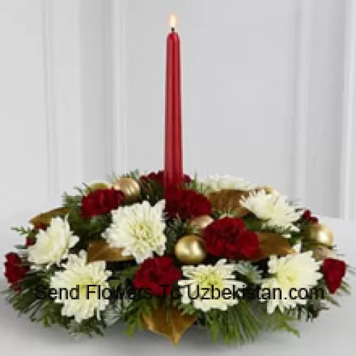 The Light & Love Holiday Centerpiece adds that special touch to any seasonal gathering. White snowflake chrysanthemums and burgundy mini carnations are accented with lush holiday greens and bedecked with matte gold glass balls, gorgeously arranged around a burgundy taper candle, to create a warm wish for a perfect holiday season. (Please Note That We Reserve The Right To Substitute Any Product With A Suitable Product Of Equal Value In Case Of Non-Availability Of A Certain Product)